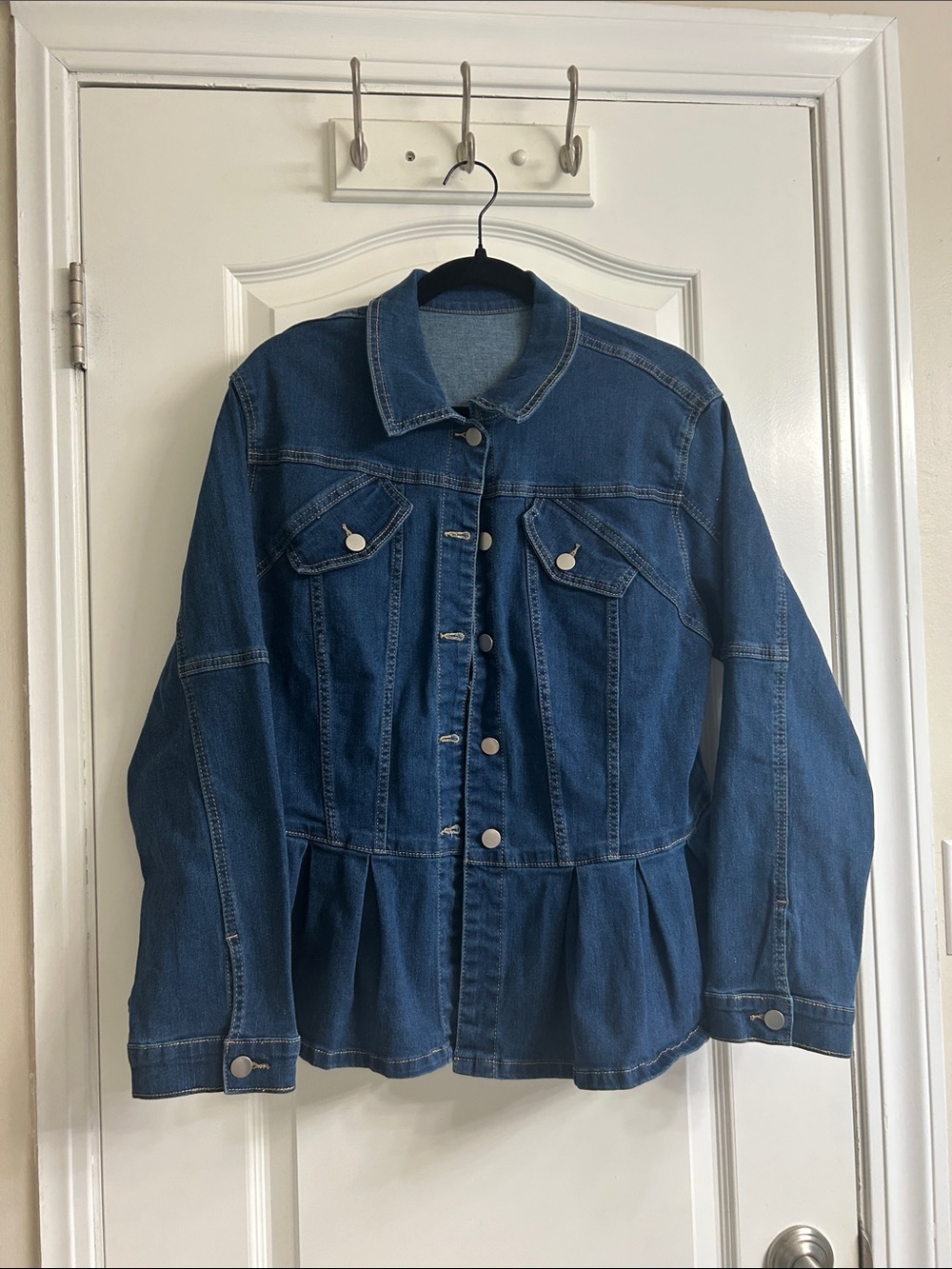 Women's Dark Blue Denim Peplum Jacket - Casual Button-Front